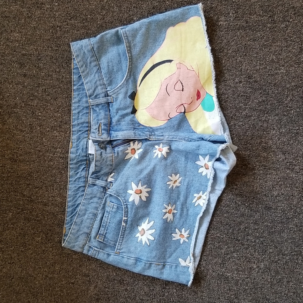 Disney Light Blue Denim Jean Shorts with Daisy Print and Alice Art